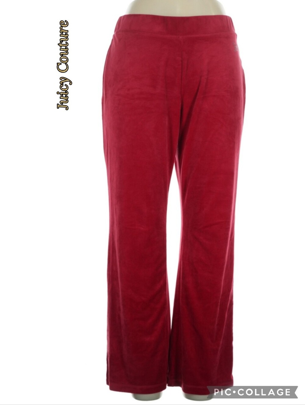 Juicy Couture red velour boot leg high-rise palazzo Pants logo elastic waist.